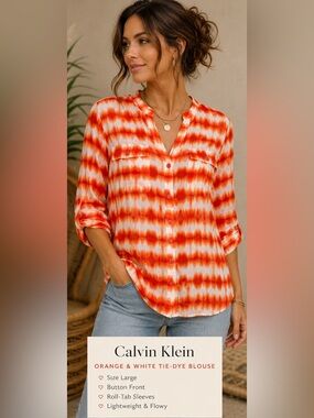 Calvin Klein Orange White Tie-Dye Button Front Blouse Large. Long or 3/4 sleeve